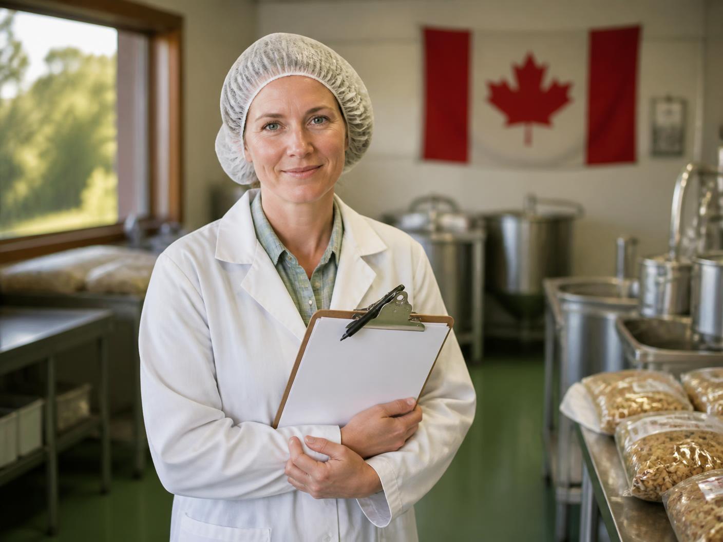 A quality manager in a white coat and hairnet holding a food safety checklist inside a small food production facility