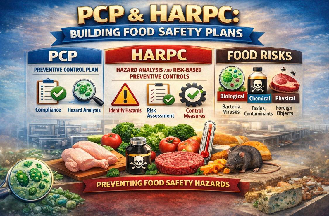 PCP and HARPC food safety plans infographic showing compliance, hazard analysis, risk assessment, control measures, and biological/chemical/physical food risks